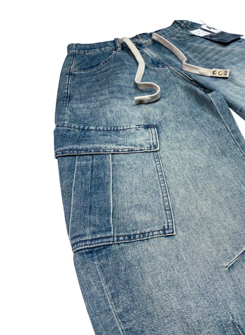 Hub For Less selvega Men's Cargo Skater Jeans – Baggy Fit, Front Craft Details & Waist Lace Finish - Image 3