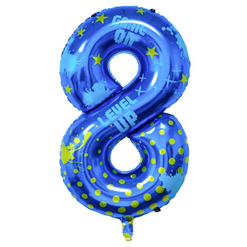 Lcoor Video Game Birthday Party Decorations 40inch Blue Video Game Number 8 Foil Balloon for Level Up Games Themed Birthday Party Supplies 8 - Image 1