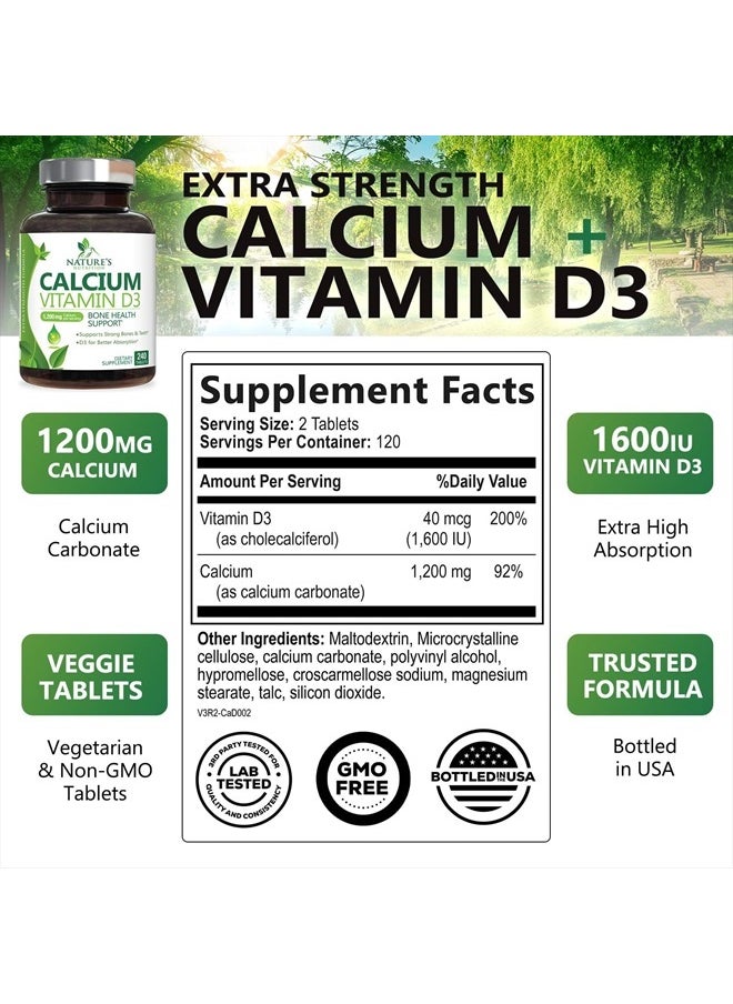 Nature's Nutrition - Calcium 1200 mg Plus Vitamin D3, Bone Health & Immune Support - Nature's Calcium Supplement with Extra Strength Vitamin D for Extra Strength Carbonate Absorption Dietary Supplement - 240 Tablets - Image 1