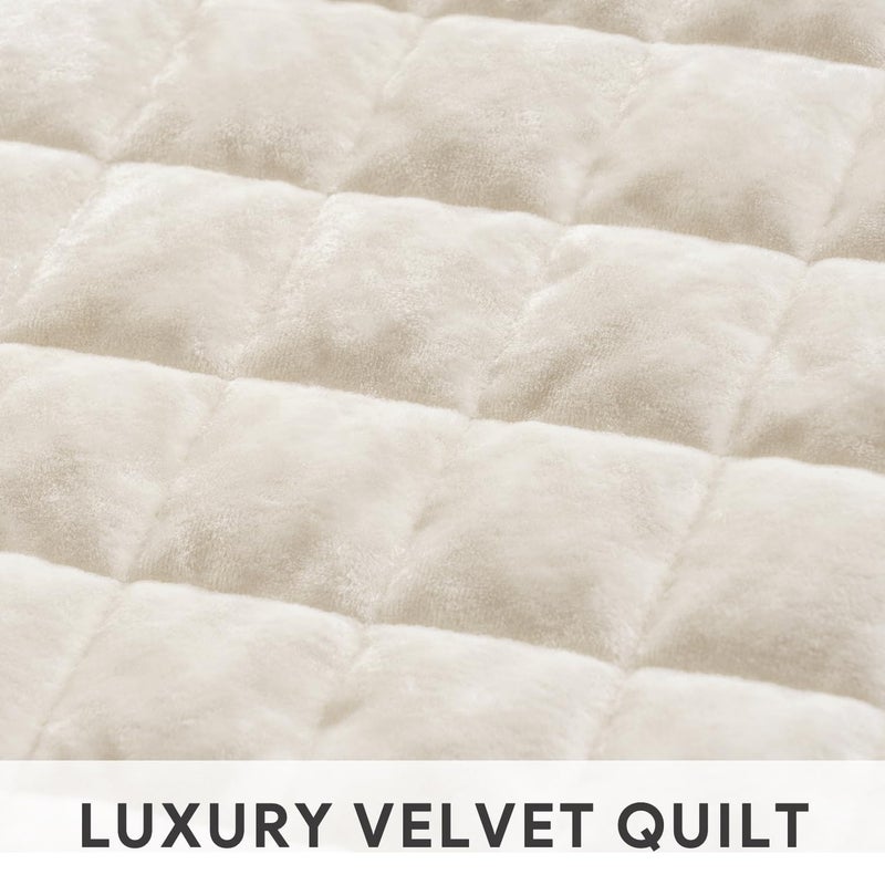 RECYCO Luxury Velvet Quilt Set, California King 118'' x 106'' Oversized Bedspread, Ultra Soft Velvet Comforter, Lightweight Box Stitch Bedding Sets for All Season, with 2 Shams, Cream White - Image 5