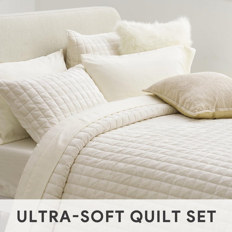 RECYCO Luxury Velvet Quilt Set, California King 118'' x 106'' Oversized Bedspread, Ultra Soft Velvet Comforter, Lightweight Box Stitch Bedding Sets for All Season, with 2 Shams, Cream White - Image 4