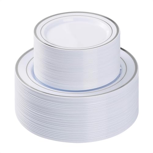 BESTVIP 100PCS Silver Plastic Plates Disposable Party Plates with 50 Dinner Plate and 50 Dessert Plate for Party Wedding and Birthday