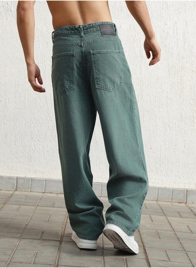 Hubberholme - Green Baggy Jeans Washed design crafted from 100% Cotton with Button closure. - Image 1