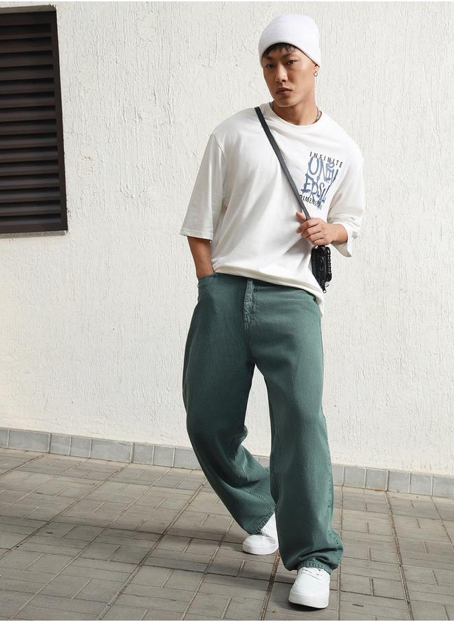 Hubberholme - Green Baggy Jeans Washed design crafted from 100% Cotton with Button closure. - Image 1
