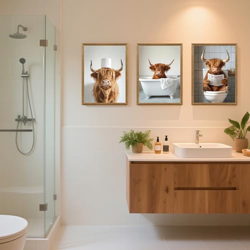 FYLDPSB 3Pcs Funny Bathroom Wall Art Framed Highland Cow Bathroom Wall Decor Cute Animal Canvas Pictures Rustic Farmhouse Paintings Toilet Paper Artwork Humor Prints - Image 3