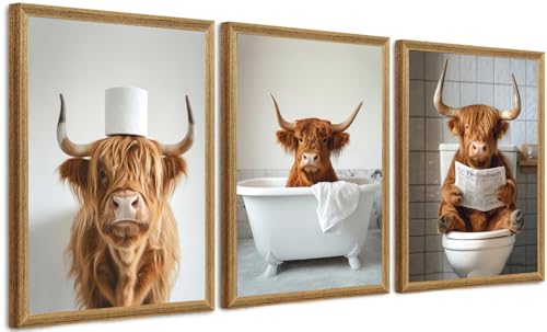 FYLDPSB 3Pcs Funny Bathroom Wall Art Framed Highland Cow Bathroom Wall Decor Cute Animal Canvas Pictures Rustic Farmhouse Paintings Toilet Paper Artwork Humor Prints - Image 1