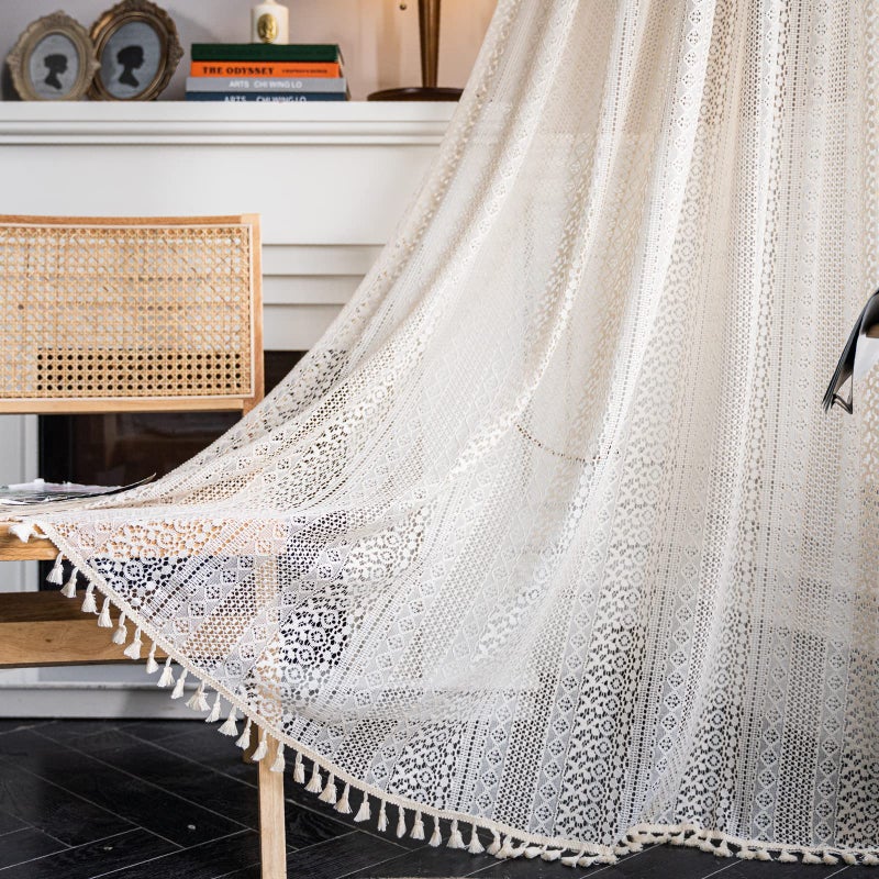Deeprove Boho Sheer Crochet Lace Curtain 96 Inches Long Knitting Curtain Handmade Macrame Tassels for Bedroom Living Room Vintage Shabby Chic Window Treatment Drape W59 x L96 1 Panel Cream