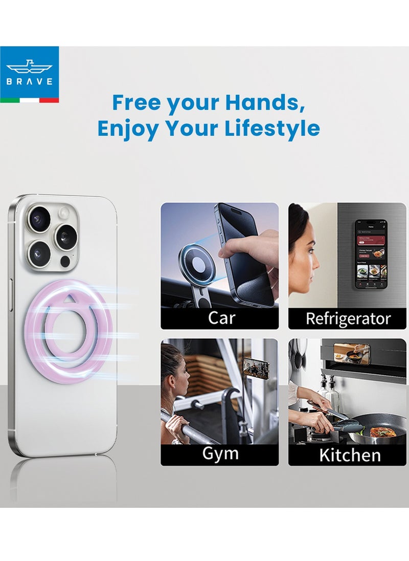 Brave - Double-Sided Magnetic Ring Holder - Durable MagSafe Silicone Phone Grip, Compatible with Wireless Charging - Magnetic Cell Phone Ring for iPhone 16/15/14/13/12 (Pro/Max/Plus), Samsung Galaxy S25/S24/S23/S22 and Other Series, and Other Phones with Metal Plate Attachment - Secure Grip and Hands-Free Stand (Pink) - Image 1