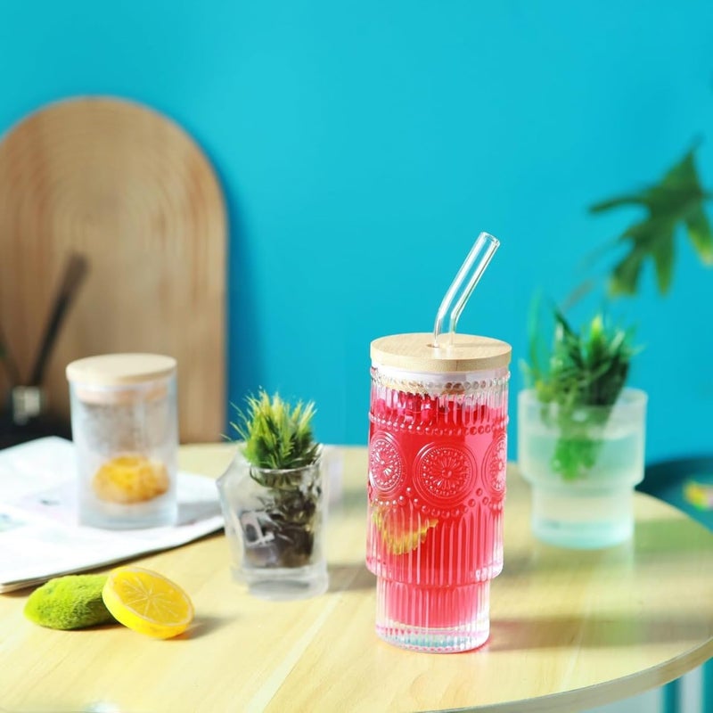 SKDBPM Ice Juice Drinks Glass Can Mug with Straw for Milk/Coffee/Green Tea Cup Set of 1-510ml Transparent Printed Can Shape Cup (Pack of 1) (Wooden Ribbed Embossed) - Image 1