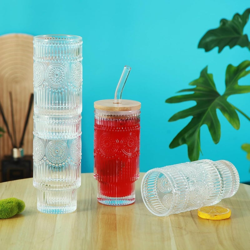 SKDBPM Ice Juice Drinks Glass Can Mug with Straw for Milk/Coffee/Green Tea Cup Set of 1-510ml Transparent Printed Can Shape Cup (Pack of 1) (Wooden Ribbed Embossed) - Image 2