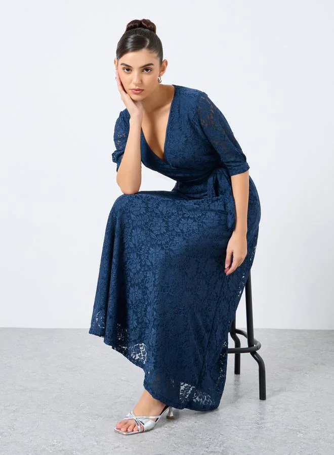 Styli Styli Lace Waist Tie A-Line Maxi Dress with 3/4th Sleeves