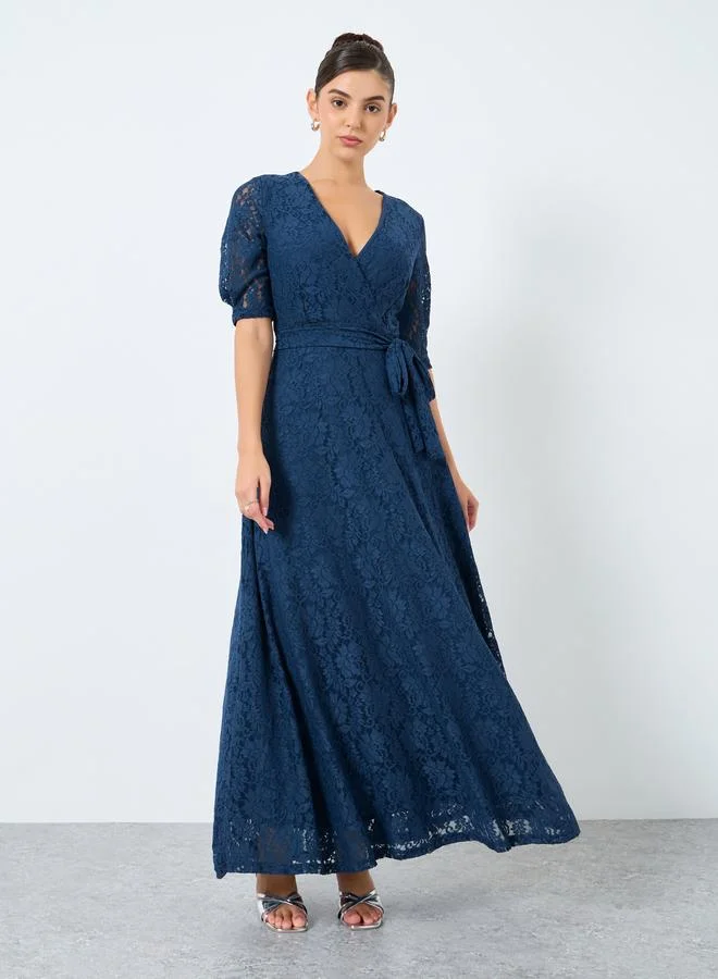 Styli Styli Lace Waist Tie A-Line Maxi Dress with 3/4th Sleeves