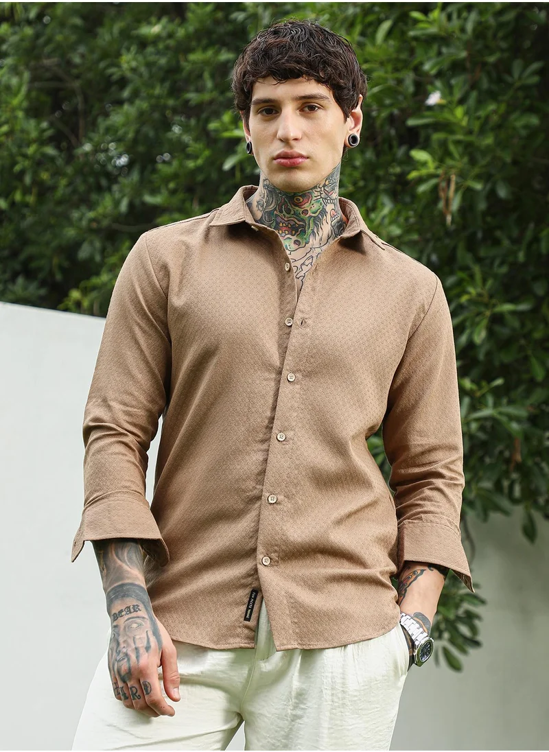 كامبوس سوترا Men's Beige Textured Cotton Blend Full Sleeve Shirt
