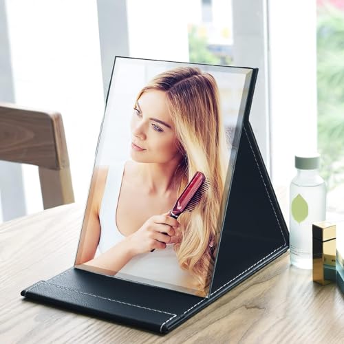ONICORN Table Desk Vanity Makeup Mirror, Portable Folding Mirror with Stand Adjustable Rotation Tavel Make Up Mirror, Bathroom for Shower Shaving (Black, Tabletop Mount, Unframed, Rectangular) - Image 4