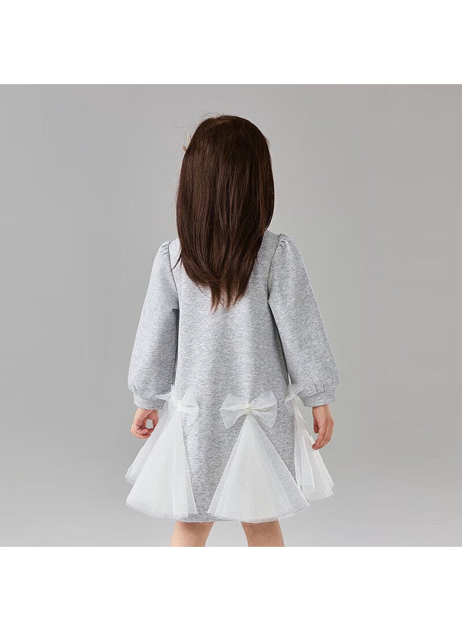 Deesha Girls' Dress Spring Lace Butterfly Net Yarn Sweatshirt Dress Light Grey 140 - Image 1