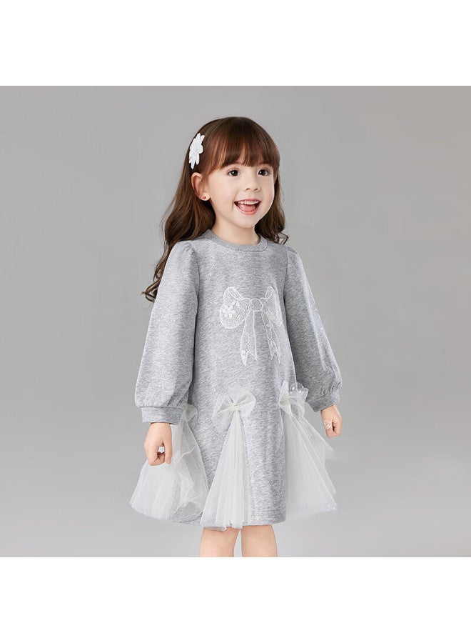 Deesha Girls' Dress Spring Lace Butterfly Net Yarn Sweatshirt Dress Light Grey 140 - Image 2
