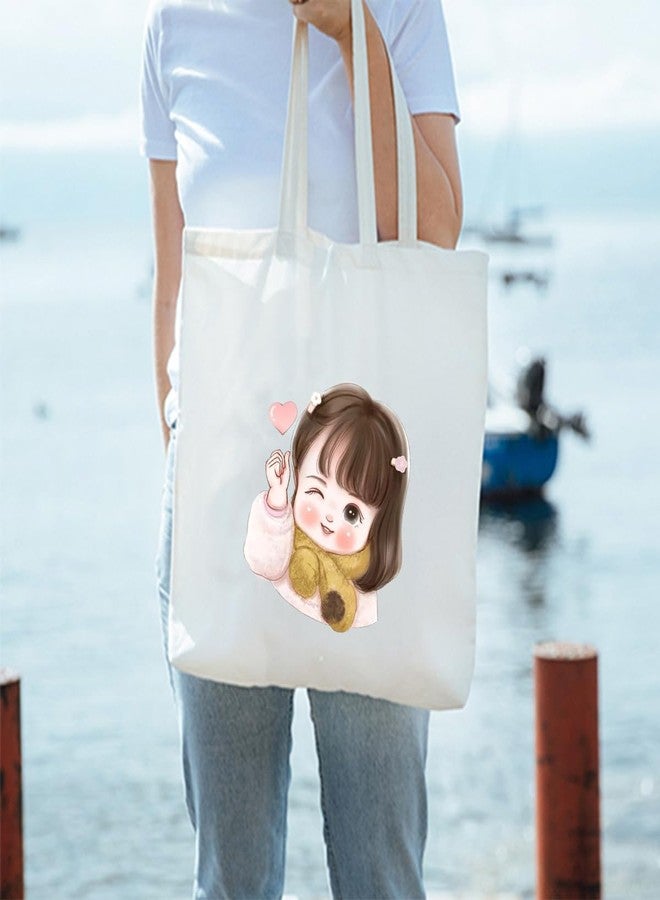 Clapcart Zipper Tote Bag for Women | Printed Multipurpose Poly-Cotton Bags | Cute Hand Bag With Zip for Girls (Little Girl and Heart Print) - Image 2