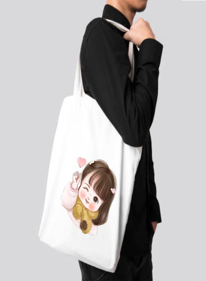 Clapcart Zipper Tote Bag for Women | Printed Multipurpose Poly-Cotton Bags | Cute Hand Bag With Zip for Girls (Little Girl and Heart Print) - Image 3