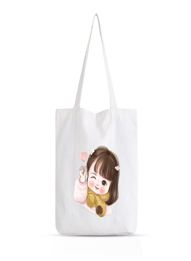 Clapcart Zipper Tote Bag for Women | Printed Multipurpose Poly-Cotton Bags | Cute Hand Bag With Zip for Girls (Little Girl and Heart Print) - Image 1