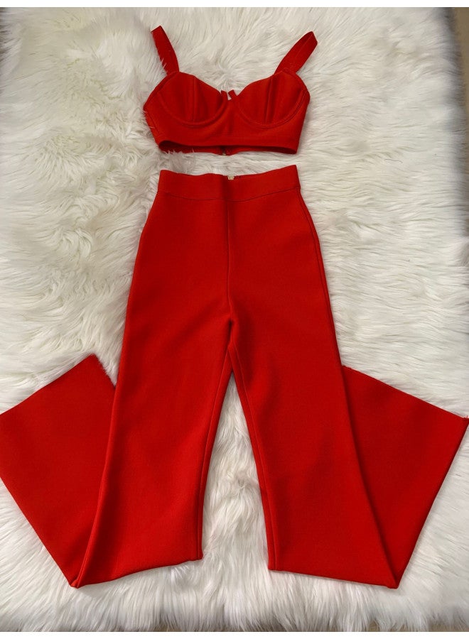 New European And American Fashion Bandage Dress Sling Small Top + Tight Trousers Spice Girl Two-piece Set