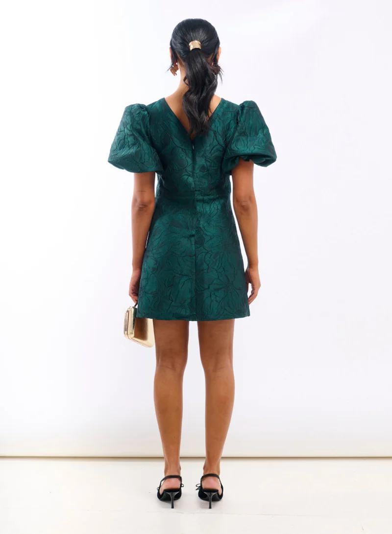 Needs No Label  Green Jacquard Puff Sleeve Mini Dress for Women | Best Price UAE