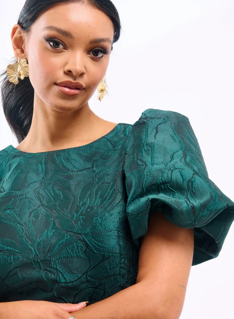 Needs No Label  Green Jacquard Puff Sleeve Mini Dress for Women | Best Price UAE