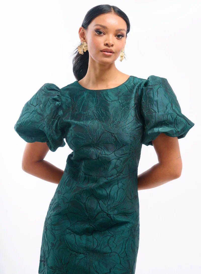 Green Jacquard Puff Sleeve Mini Dress