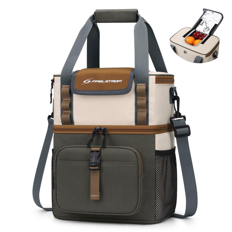 Maelstrom Insulated Lunch Bag Women,20L Lunch Box for Men,Leakproof Double Deck Cooler Bag with Quick Access Flip-Top Lid,Gray-beige - Image 1