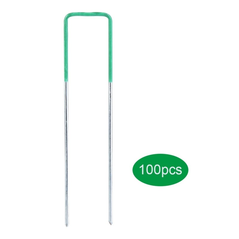 100pcs Half Green Artificial Grass Turf U Pins Metal Galvanised Pegs Staples Weed - Image 1