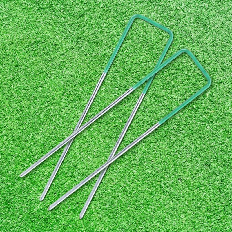 100pcs Half Green Artificial Grass Turf U Pins Metal Galvanised Pegs Staples Weed - Image 2