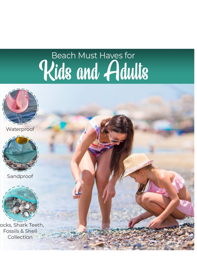 Excefore 2 PCS Mesh Beach Bag, Shell Collecting Bag, Adjustable Strap Kids Quick Dry Net Tote, Suitable for Collecting Seashells Rocks for Boys and Girls (Pink & Teal ) - Image 3