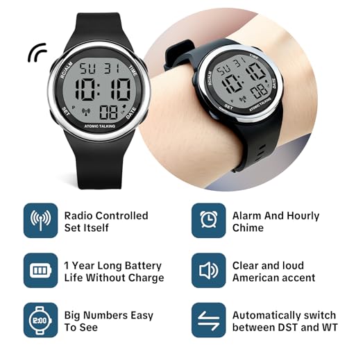 MAUJOY Men's English Atomic Talking Watch(Black Silicone Strap) Digital Display - Announces Time, Date & Alarm - Enhances Independent Living for Elderly, Visually Impaired & Low-Vision Users - Image 3