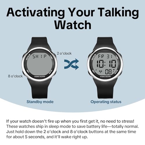 MAUJOY Men's English Atomic Talking Watch(Black Silicone Strap) Digital Display - Announces Time, Date & Alarm - Enhances Independent Living for Elderly, Visually Impaired & Low-Vision Users - Image 5