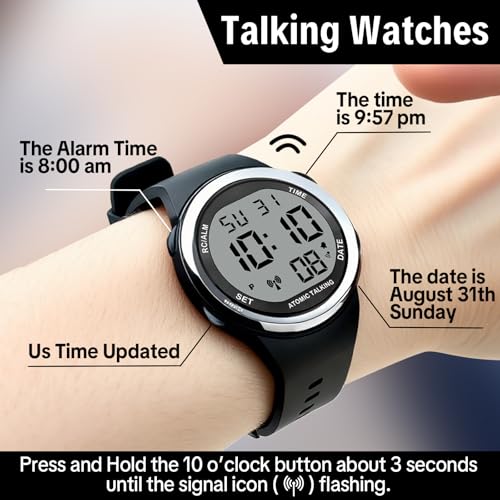 MAUJOY Men's English Atomic Talking Watch(Black Silicone Strap) Digital Display - Announces Time, Date & Alarm - Enhances Independent Living for Elderly, Visually Impaired & Low-Vision Users - Image 2