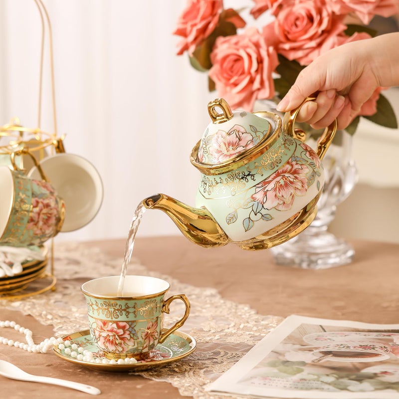 TATSUMI 20 Pieces Porcelain Tea Set With Metal Holder, European Ceramic tea set for adults,Flower Tea Set,Tea Set For Women With Flower Paintingï¼ˆLight Greenï¼‰ - Image 4