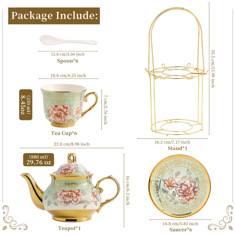 TATSUMI 20 Pieces Porcelain Tea Set With Metal Holder, European Ceramic tea set for adults,Flower Tea Set,Tea Set For Women With Flower Paintingï¼ˆLight Greenï¼‰ - Image 5