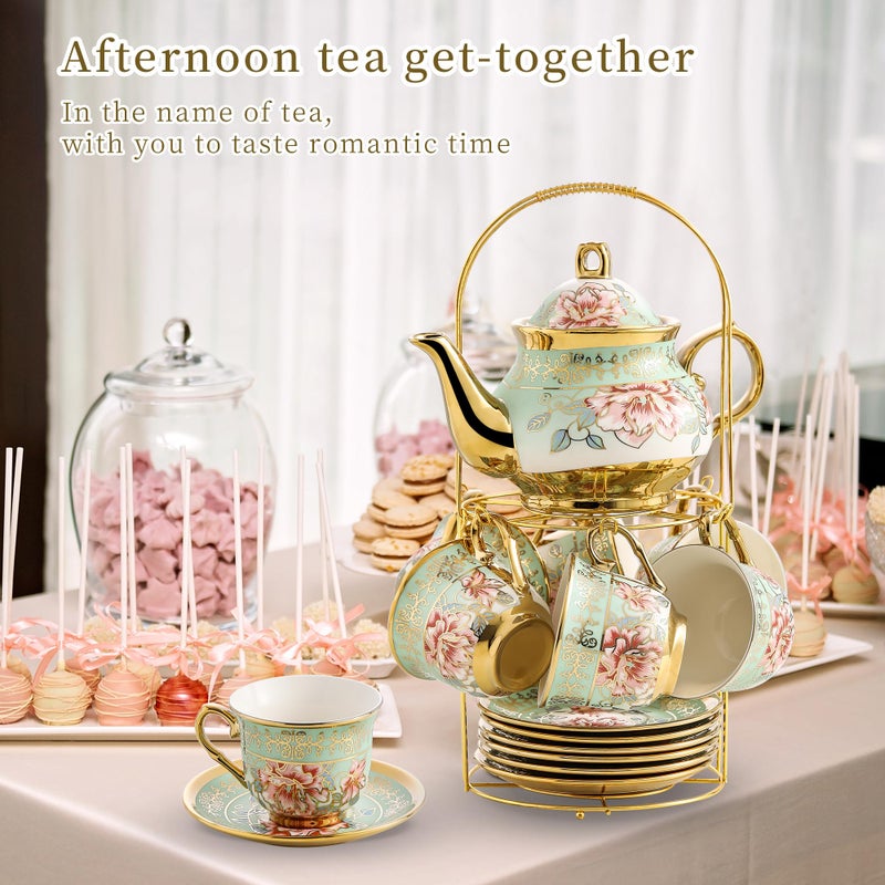 TATSUMI 20 Pieces Porcelain Tea Set With Metal Holder, European Ceramic tea set for adults,Flower Tea Set,Tea Set For Women With Flower Paintingï¼ˆLight Greenï¼‰ - Image 3