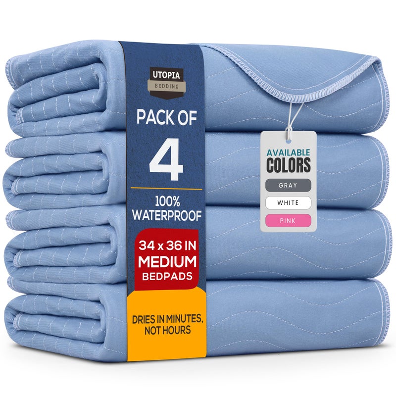 Utopia Bedding Washable Underpads 34 x 36 Pack of 4 Waterproof Reusable Heavy Absorbency Incontinence Bed Pads for Adults Kids Elderly and Pets Bedwetting Pads for Sofa and Couch Blue