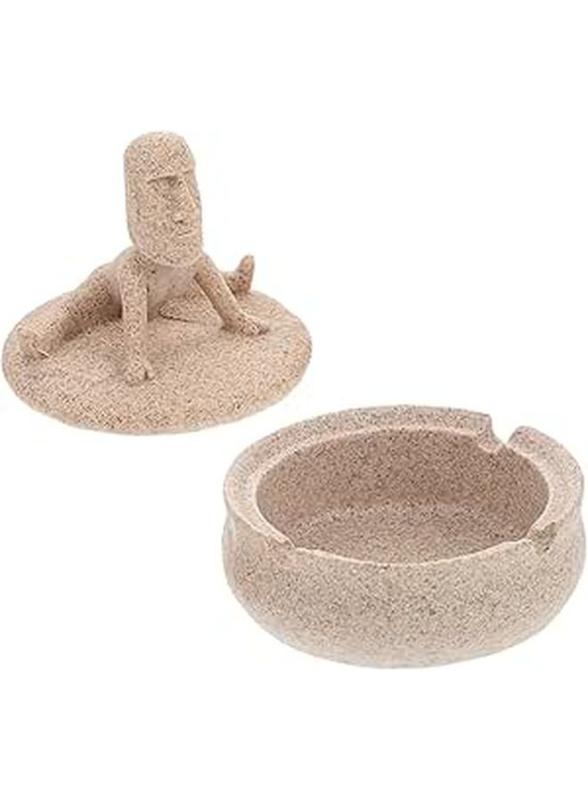 Round Resin Ashtray With Lid Sandstone Color Smoking Ash Holder Home Office Decor - Image 1