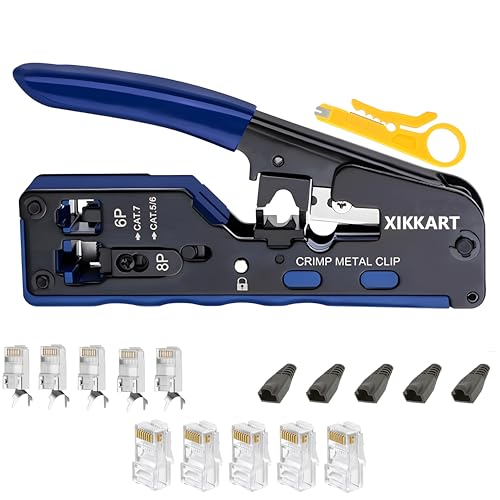 XIKKART RJ45 Crimping Tool Kit | Pass Through Ethernet Crimper for Cat7, Cat6, Cat5 | Network Cable Crimping Tool with 5 Cat7 & 5 Cat6 Connectors + 5 Boots | RJ45 RJ11 RJ12 Tool (Multicolor) (5 in 1) - Image 1