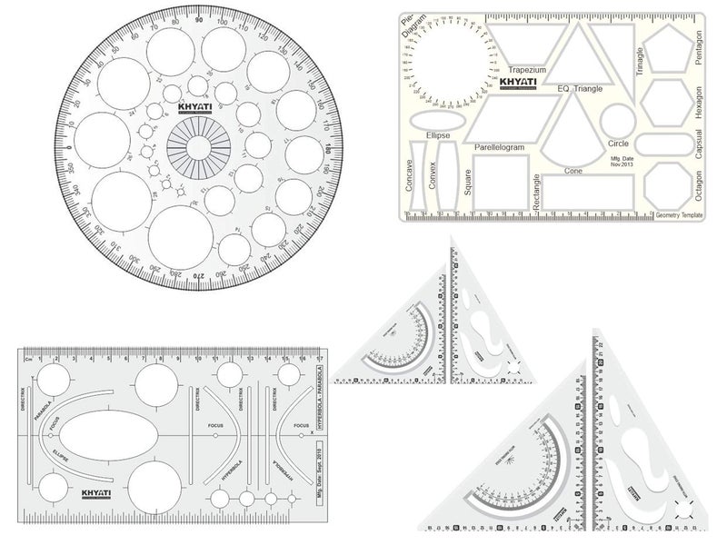 KHYATI Pro Circle (25 Circles), Hyperbola Parabola Template, Geometry Template (16 Shapes), Set Square Big & Small Drafting Scale Ruler Useful to Architect, Engineering or Other Students (Set of 5) - Image 1