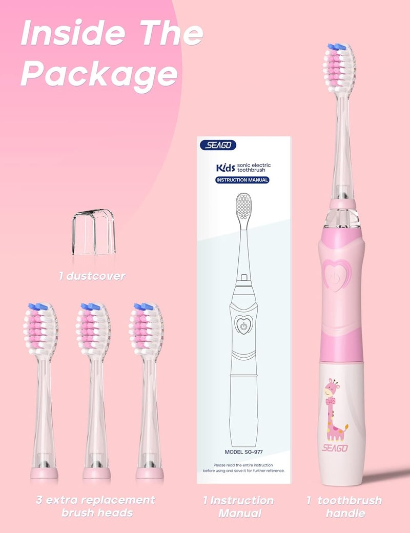 Seago Kids Electric Toothbrush with 2 Mins Timer and 4 Replacement Bursh Heads, Rainbow LED Light Make Brushing Fun, Pink Color Girls Battery Powerd for 4-12 Years Old，SG-977 - Image 5