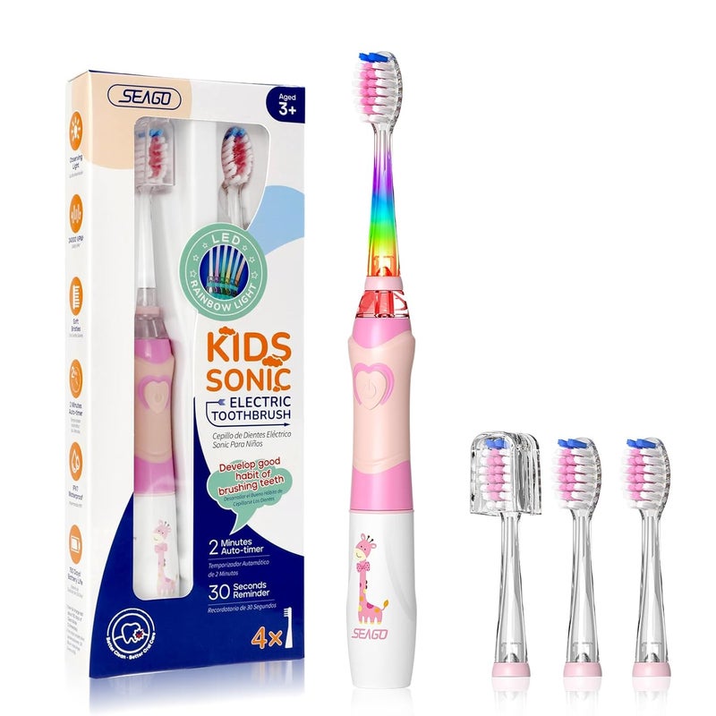 Seago Kids Electric Toothbrush with 2 Mins Timer and 4 Replacement Bursh Heads, Rainbow LED Light Make Brushing Fun, Pink Color Girls Battery Powerd for 4-12 Years Old，SG-977 - Image 1