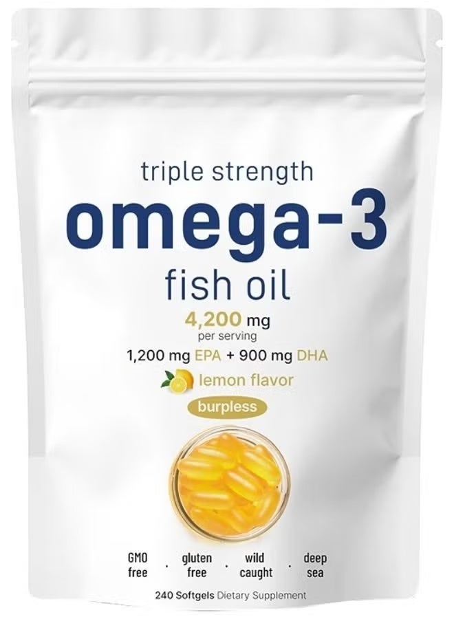 BiOptimizers Omega 3 Fish Oil Supplements 4200mg Per Serving, 240 Softgels – Lemon Flavored – Burpless | EPA 1200mg + DHA 900mg | Deep Sea Fish, Triple Strength - Image 1