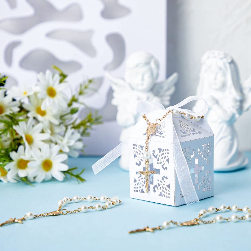 Bonuci 50 Packs Baptism Favors Set Acrylic Rosary Beads Faux Pearls with Organza Bags and Cross Baptism Favor Boxes Recuerdo De Boda Y Bautizo for Christening Weddings Party Favors(Gold,Pearl) - Image 4