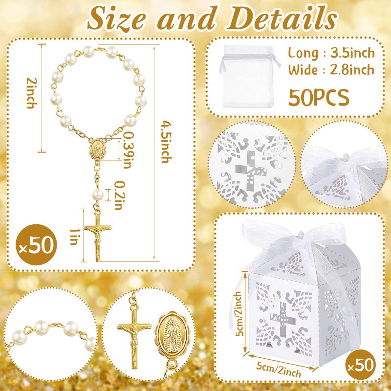 Bonuci 50 Packs Baptism Favors Set Acrylic Rosary Beads Faux Pearls with Organza Bags and Cross Baptism Favor Boxes Recuerdo De Boda Y Bautizo for Christening Weddings Party Favors(Gold,Pearl) - Image 2