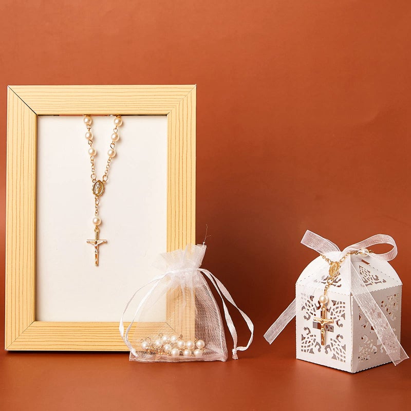 Bonuci 50 Packs Baptism Favors Set Acrylic Rosary Beads Faux Pearls with Organza Bags and Cross Baptism Favor Boxes Recuerdo De Boda Y Bautizo for Christening Weddings Party Favors(Gold,Pearl) - Image 5