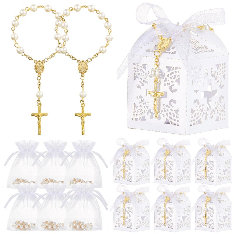 Bonuci 50 Packs Baptism Favors Set Acrylic Rosary Beads Faux Pearls with Organza Bags and Cross Baptism Favor Boxes Recuerdo De Boda Y Bautizo for Christening Weddings Party Favors(Gold,Pearl) - Image 1
