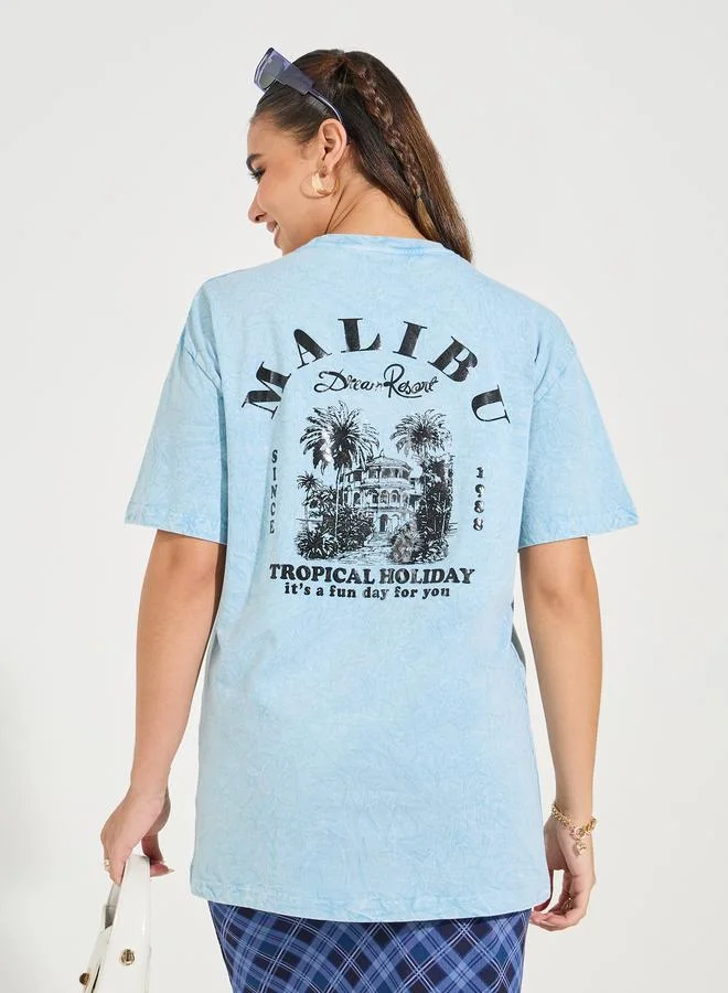 Styli Styli Oversized Malibu Acid Wash Graphics T-Shirt with Dropped Shoulder