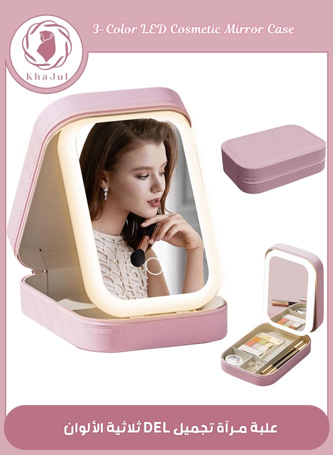خاجول حقيبة مجوهرات وحقيبة مستحضرات تجميل مع مرآة للسفر ب 3 ألوان، حقيبة مجوهرات مضادة للغبار، حقيبة مرآة تجميل مدمجة، أساسيات السفر للنساء والفتيات (وردي) - Image 1